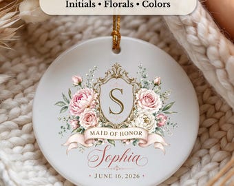 Personalized Maid of Honor Ornament, Custom Bridal Party Crest, Bridesmaid Wedding Gift, Floral Monogram Ceramic Keepsake Wedding Party Gift