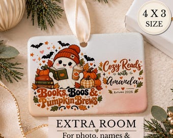Personalized Book Lover Ornament, Books Boos & Pumpkin Brews Halloween Ornament, Cozy Reads 4x3 Fall Keepsake, Reader Gift