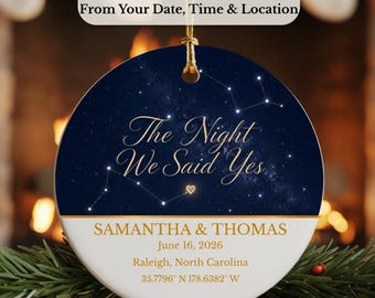 Personalized Night Sky Ornament, Custom Engagement Star Map by Date and Location, Proposal Keepsake, First Christmas Engaged Gift for Couple