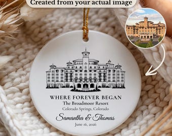 Custom Wedding Venue Line Art Ornament from Photo, Personalized Ceramic Wedding Location Keepsake, First Christmas Married Gift for Couple