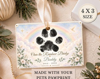 Rainbow Bridge Pet Memorial Ornament, Personalized Paw Print Keepsake, 4x3 Dog Loss Christmas Ornament, Custom Pet Sympathy Gift