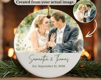 Custom Watercolor Wedding Photo Ornament, Personalized Couple Portrait Ceramic Ornament, First Christmas Married Gift, Anniversary Keepsake