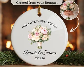 Custom Bridal Bouquet Ornament from Photo, Personalized Wedding Flower Ceramic Keepsake, First Christmas Married Gift, Anniversary Keepsake