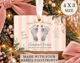 Personalized Baby Footprint Ornament, Custom Baby Girl Christmas Ornament, Newborn Birth Stats Keepsake, Pink Baby Ornament