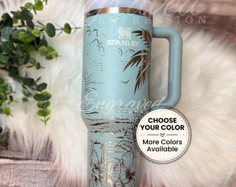 Laser Engraved Tumbler Gift: Seafoam Beach & Floral Design