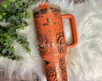 Engraved Stanley Quencher: Pumpkin Spice Peony Flowers Tumbler