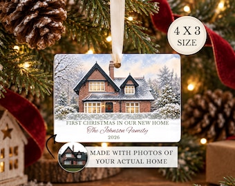 First Christmas New Home Ornament, Personalized House Portrait Ornament, Custom Family Name Keepsake, 4x3 Home Photo Christmas Gift