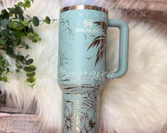 Laser Engraved Stanley Tumbler: Seafoam Beach & Floral Design