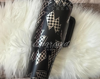 Black HydroJug Traveler 40oz Engraved Lightning Bolt Tumbler, Personalized Checkered Thunder Cup, Cool Gift for Boys Men