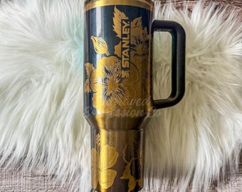 Engraved Black Honey Stanley Tumbler, Hibiscus Stanley Ptotour, Personalized Tropical Floral Stanley Black Honey Cup Collector Gift