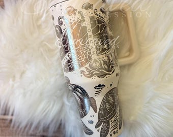 Cream HydroJug Traveler 40oz Engraved Sea Turtle Tumbler, Ocean Animal Full Wrap Cup, Beach Lover Gift, Personalized Coastal Cup