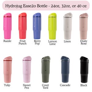 a collection of colorful Hydrojug Ease2O bottles in various colors, including pink, red, blue, green, yellow, lime, lemon, linen, rose, and black.