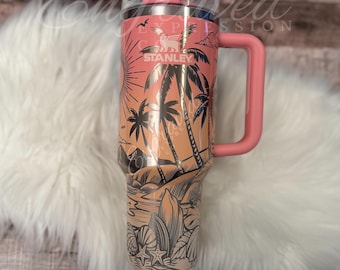 Laser Engraved Stanley Tumbler: Pink Mesa Sunset Beach Design