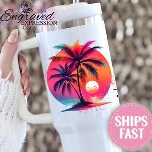 Personalized Palm Tree Tumbler: Summer Sunset Beach Vacation Tumbler