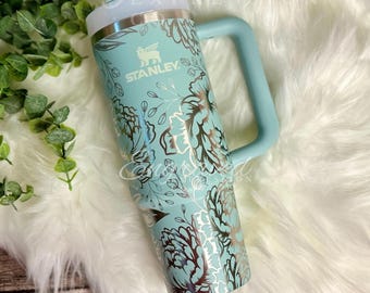 Engraved Stanley Tumbler: Peony Floral Design, Seafoam Quencher