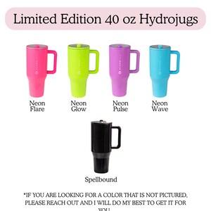 four colorful Hydrojugs in different colors: Neon Flare, Neon Glow, Neon Pulse, and Neon Wave, along with a black hydro flask labeled "Spellbound".