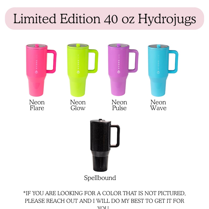four colorful Hydrojugs in different colors: Neon Flare, Neon Glow, Neon Pulse, and Neon Wave, along with a black hydro flask labeled "Spellbound".