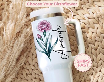 Gobelet fleur de naissance personnalisé, tasse nominative florale aquarelle, cadeau d'anniversaire