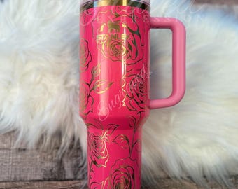 Engraved Stanley Tumbler Pink Parade Laser Stanley Pink Parade Etched Roses Custom Tumbler Graduation Gift Pink Parade Stanley Cup Gift