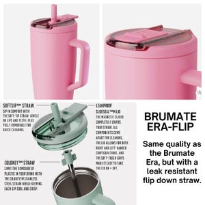 The image is a collage of three photos depicting the features of a pink stainless steel straw with a slide-on lid and a flip-down straw.