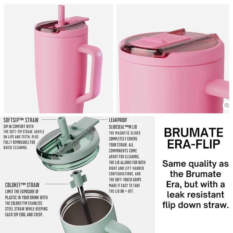 The image is a collage of three photos depicting the features of a pink stainless steel straw with a slide-on lid and a flip-down straw.