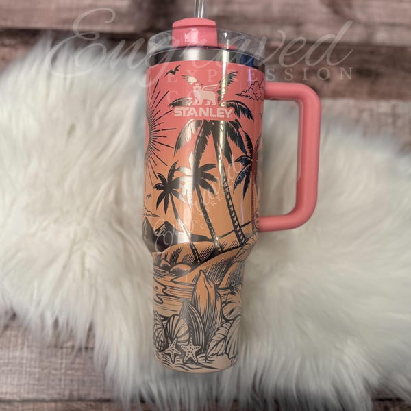 Laser Engraved Stanley Tumbler: Pink Mesa Sunset Beach Design