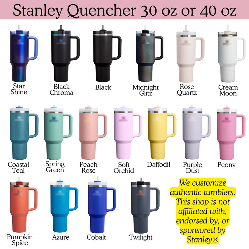 a collection of various colored stainless steel tumblers, including black, blue, pink, green, peach, orchid, and others. The tumblers are arranged in a grid-like pattern, showcasing the different colors available.