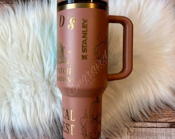 Vaso Stanley con grabado de moca latte: Taza Stanley con diseño de huerto de calabazas, vaso térmico Protour de otoño.