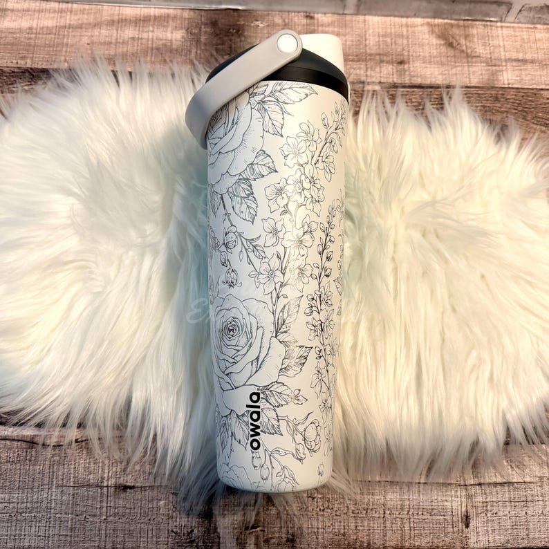 Engraved Owala Sleek Floral Water Bottle | Rose and Larkspur Flower Wrap | Personalized Owala Gift for Her | Custom Floral Owala Sway Bottle image 3