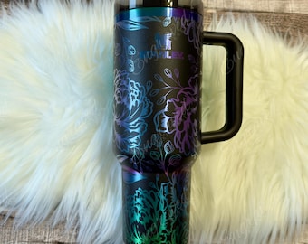 Vaso térmico Laser Stanley Black Chroma, grabado con diseño floral de peonía, regalo personalizado