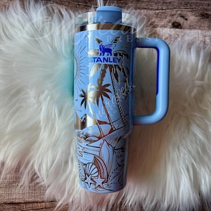 Engraved Stanley Quencher Tumbler Cornflower Gloss Stanley Beach Engraving Summer Etched Stanley Beach Tumbler With Handle Personalized Gift