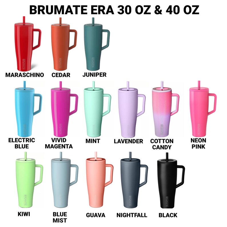 a collection of twelve colorful stainless steel tumblers, each with a different color and design. The tumblers are arranged in a grid format, with four rows and three columns. The colors and designs of the tumblers include Maraschino, CEDAR, Juniper, Kiwi, Blue, Blue Mist, Guava, Nightfall, and Black.