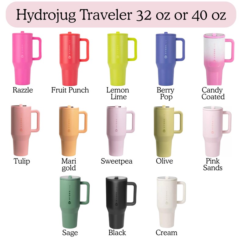 a collection of twelve colorful stainless steel travel mugs, each with a unique color and design.