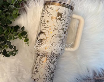 Laser Etched Peony Floral Stanley Quencher Tumbler - Cream Moon Drinkware