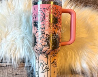 Laser Engraved Stanley Quencher: Pink Mesa Sunset Sunflower Tumbler