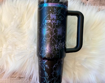 Engraved Stanley Tumbler Etched Black Chroma Stanley Boho Flowers Laser Engraved Stanley Black Chroma Floral Boho Stanley Cup Gift For Her