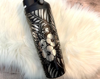 Engraved Owala Sway Very Very Dark | Tropical Hibiscus Floral Owala Water Bottle | Laser Engraved Black Owala Gift