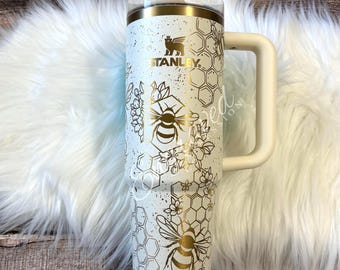 Laser Engraved Stanley Cream Moon Tumbler, Laser Bumblebee Stanley Cup, Honeycomb Bees Stanley Gift, Personalized Bee Drinkware