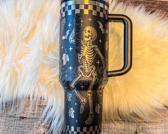 Engraved Stanley Skeleton Tumbler, Black 40oz Travel Cup, Halloween Skeleton Cup, Spooky Checkerboard Tumbler, Fun Halloween Gift