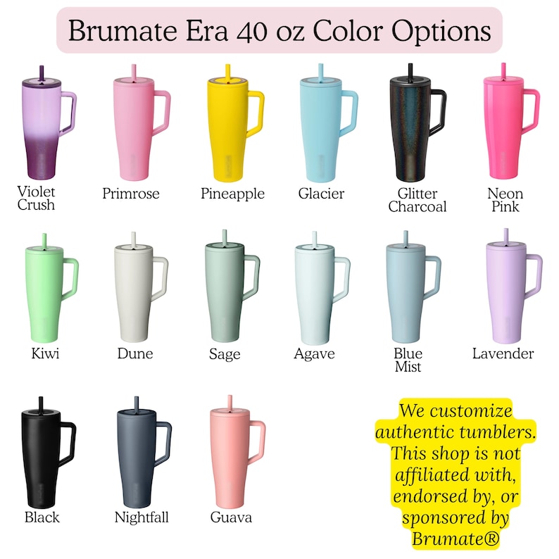 a collection of 16 different colored Brumate Era 40 oz tumblers, each with a unique color and design.