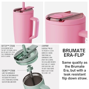The image is a collage of three photos depicting the features of a pink stainless steel straw with a slide-on lid and a flip-down straw.