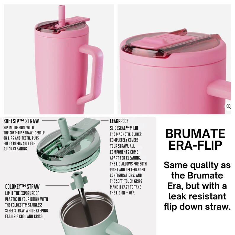 The image is a collage of three photos depicting the features of a pink stainless steel straw with a slide-on lid and a flip-down straw.