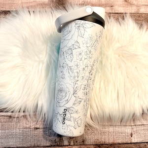 Engraved Owala Sleek Floral Water Bottle | Rose and Larkspur Flower Wrap | Personalized Owala Gift for Her | Custom Floral Owala Sway Bottle image 1