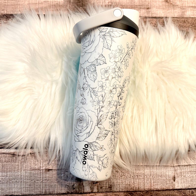 Engraved Owala Sleek Floral Water Bottle | Rose and Larkspur Flower Wrap | Personalized Owala Gift for Her | Custom Floral Owala Sway Bottle image 1