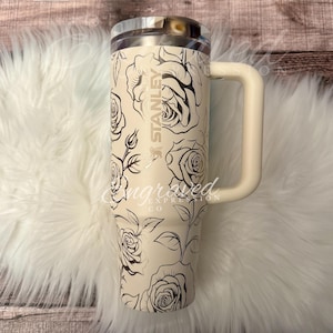 Laser Engraved Stanley Protour Tumbler Cream Rose Engraved Stanley Protour Custom Engraved Tumbler Leak Proof Stanley Cup