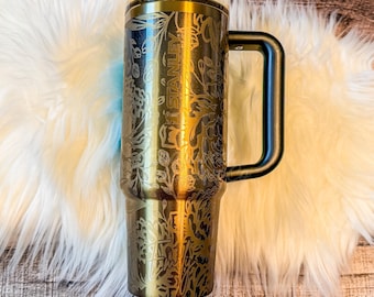 Black Honey Stanley ProTour 40oz Engraved Tumbler, Full Wrap Peony Floral Design, Laser Engraved Flip Straw Cup, Birthday Gift for Her