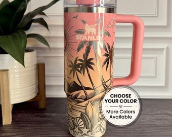 Laser Engraved Authentic Tumbler Gift: Pink Mesa Sunset Beach Design