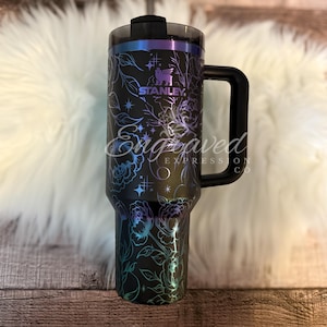 Engraved Stanley Quencher Black Chroma, Engraved Stanley Tumbler Chroma, Peony Flowers Tumbler Gift, Floral Peony Tumbler, Personalized Cup
