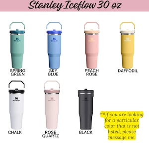 a collection of six different colored Stanley Iceflow 30 oz stainless steel tumblers, each with a unique color and design.