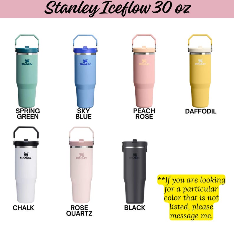 a collection of six different colored Stanley Iceflow 30 oz stainless steel tumblers, each with a unique color and design.